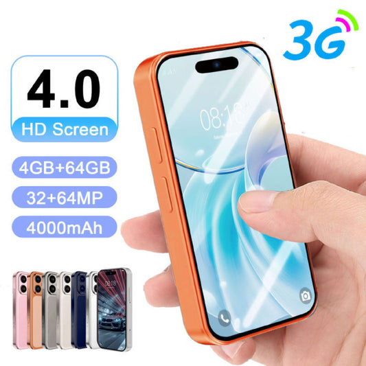 I17 Mini phone, Mini smartphone with quad core processor, 4.0 inch screen, 4GB RAM + 64GB storage, 3G, 4000mAh battery, pocket sized Android 15 phone.