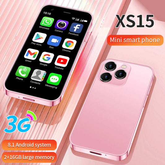 Mini phone, Mini smartphone with quad core processor, 3.0 inch screen, 2GB RAM + 16GB storage, XS15 3G, 2600mAh battery, pocket sized Android 8.1 phone.