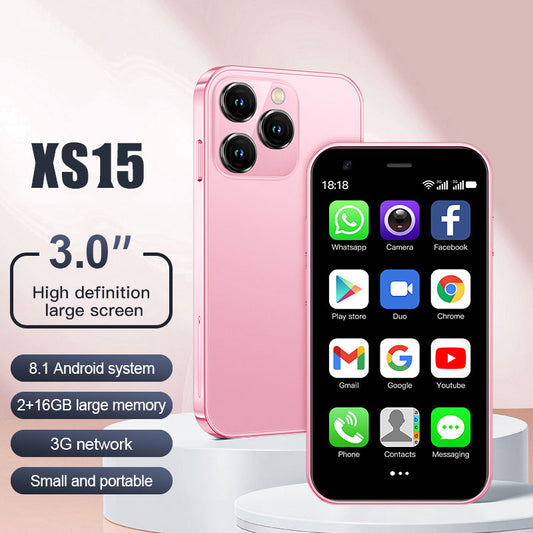 Mini phone, Mini smartphone with quad core processor, 3.0 inch screen, 2GB RAM + 16GB storage, XS15 3G, 2600mAh battery, pocket sized Android 8.1 phone.